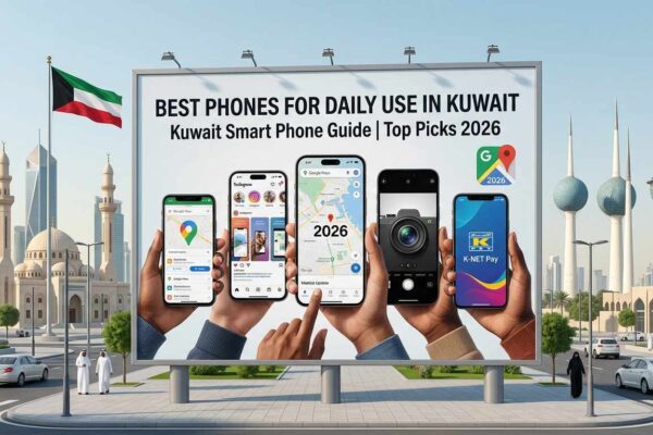 A large outdoor billboard displaying the text "Best Phones for Daily Use in Kuwait - Kuwait Smart Phone Guide | Top Picks 2026." The billboard showcases hands holding multiple smartphones displaying apps like Google Maps, Instagram, and K-NET Pay. The background features the Kuwait national flag, the Grand Mosque, Kuwait Towers, and a city street with cars and people