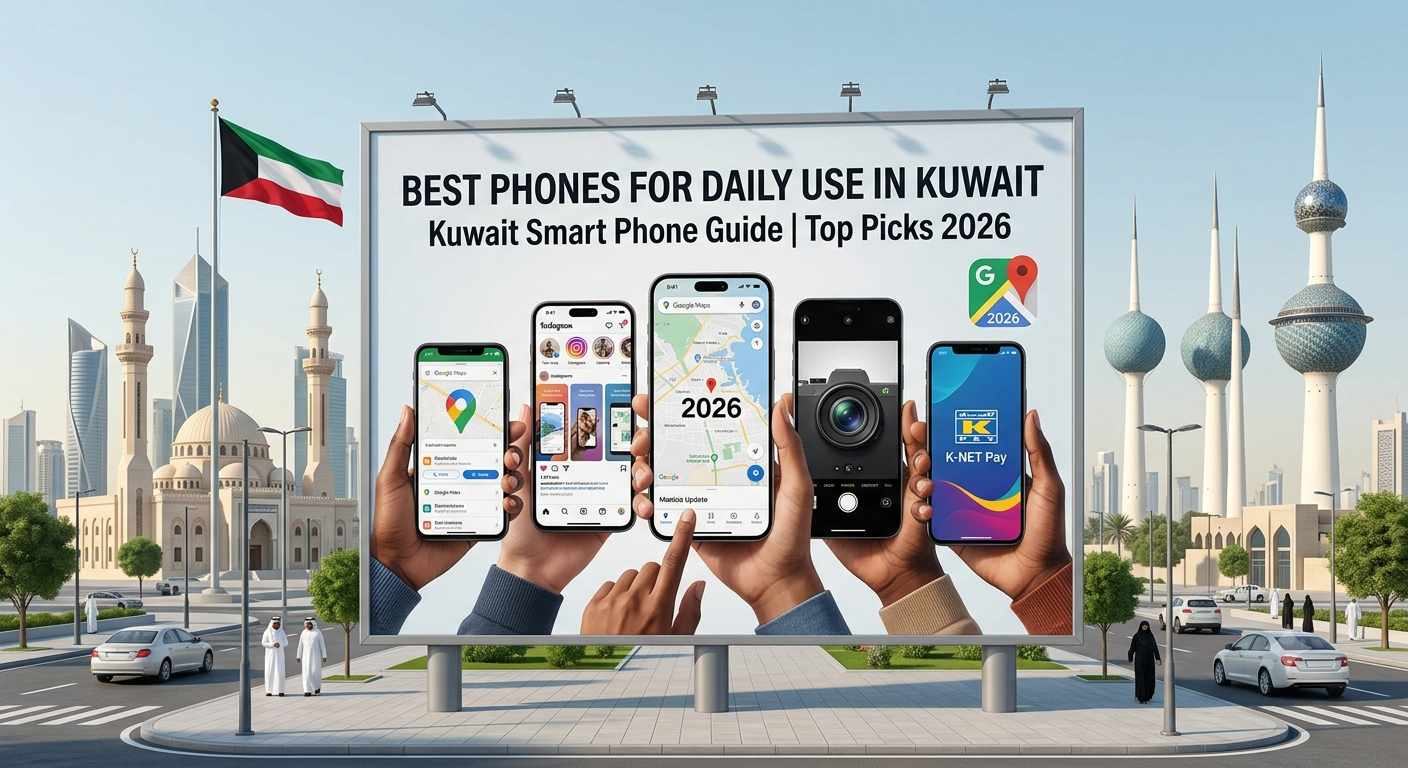 A large outdoor billboard displaying the text "Best Phones for Daily Use in Kuwait - Kuwait Smart Phone Guide | Top Picks 2026." The billboard showcases hands holding multiple smartphones displaying apps like Google Maps, Instagram, and K-NET Pay. The background features the Kuwait national flag, the Grand Mosque, Kuwait Towers, and a city street with cars and people
