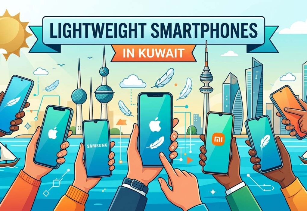 Illustration of lightweight smartphones in Kuwait featuring popular brands against the Kuwait skyline.