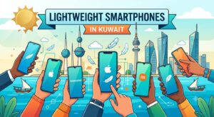 Illustration of lightweight smartphones in Kuwait featuring popular brands against the Kuwait skyline.