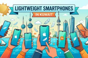 Illustration of lightweight smartphones in Kuwait featuring popular brands against the Kuwait skyline.