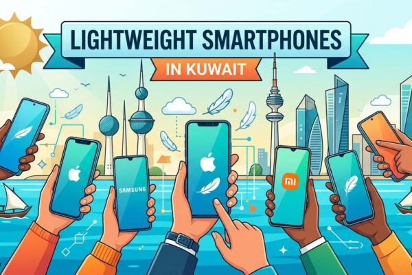 Illustration of lightweight smartphones in Kuwait featuring popular brands against the Kuwait skyline.