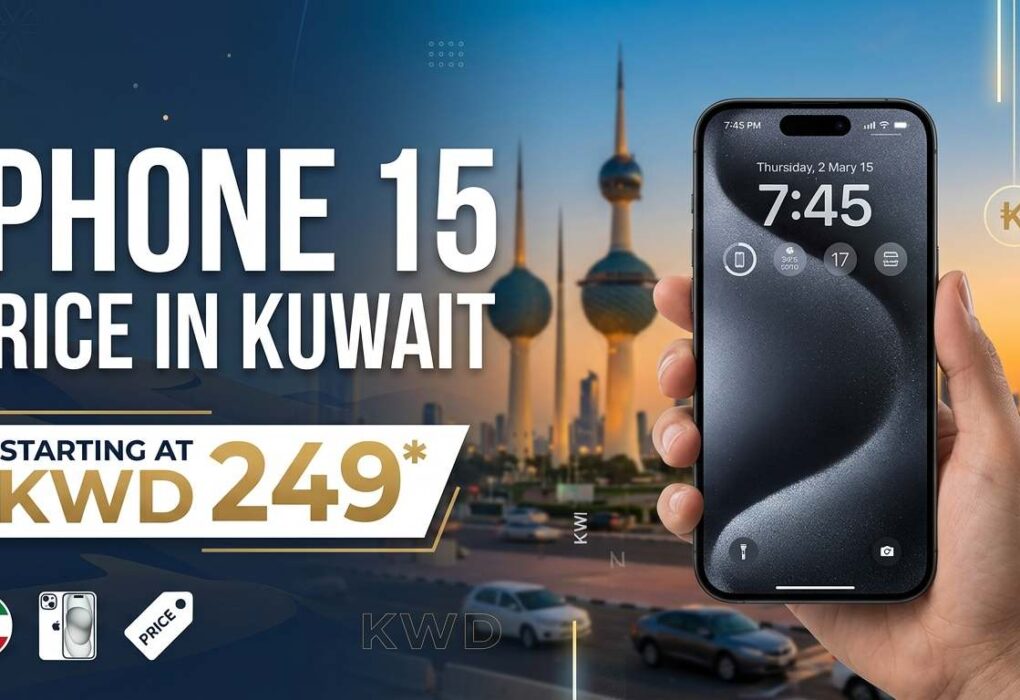 Promotional banner showing the iPhone 15 price in Kuwait, with a starting price of KWD 249, featuring the smartphone against the Kuwait City skyline.