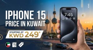 Promotional banner showing the iPhone 15 price in Kuwait, with a starting price of KWD 249, featuring the smartphone against the Kuwait City skyline.