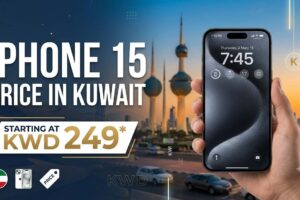 Promotional banner showing the iPhone 15 price in Kuwait, with a starting price of KWD 249, featuring the smartphone against the Kuwait City skyline.