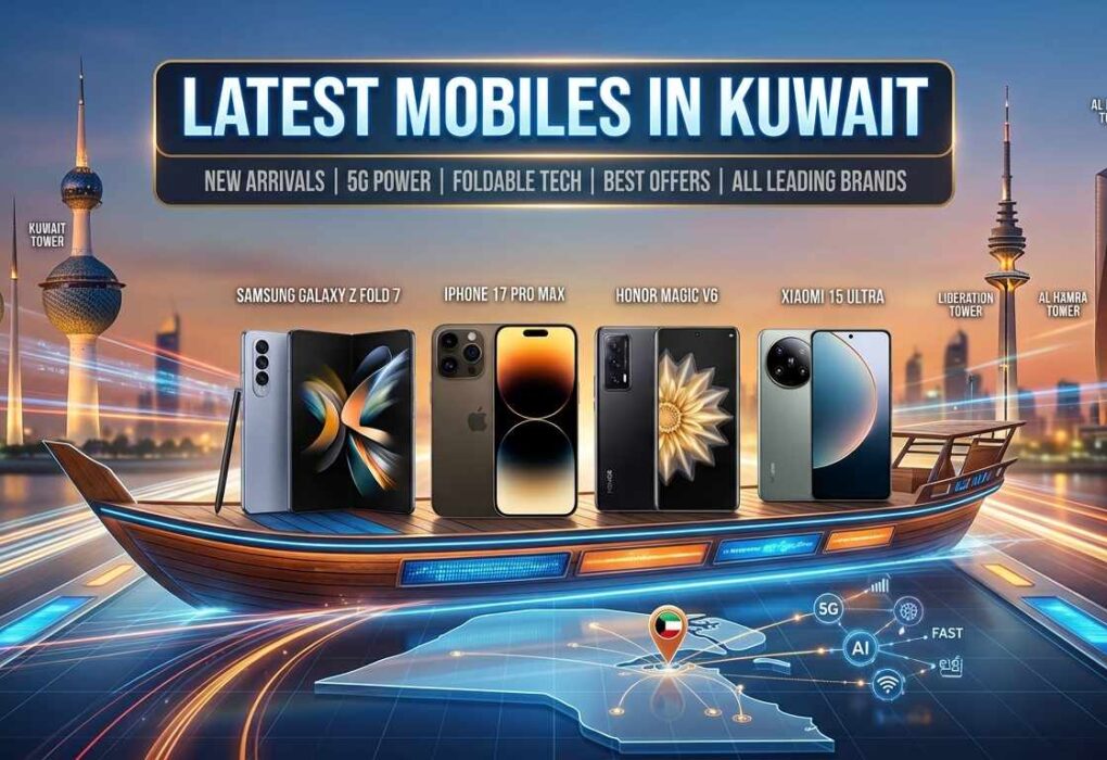 Promotional banner for the latest mobiles in Kuwait, featuring top smartphones on a traditional dhow boat against a Kuwait city skyline with iconic towers at sunset