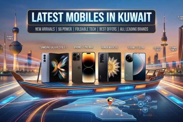 Promotional banner for the latest mobiles in Kuwait, featuring top smartphones on a traditional dhow boat against a Kuwait city skyline with iconic towers at sunset