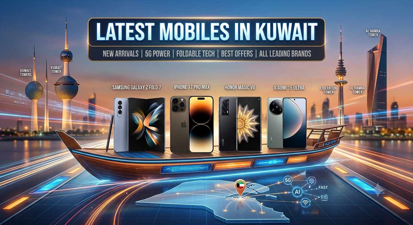 Promotional banner for the latest mobiles in Kuwait, featuring top smartphones on a traditional dhow boat against a Kuwait city skyline with iconic towers at sunset