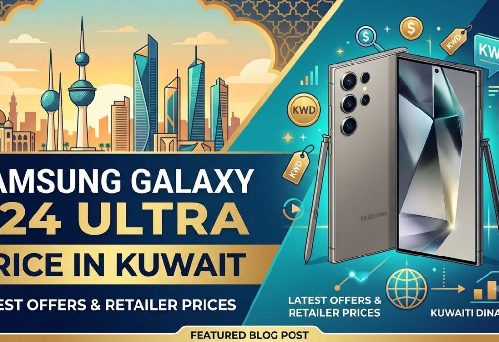 Samsung Galaxy S24 Ultra price in Kuwait banner featuring the smartphone, Kuwait skyline, KWD pricing icons, and latest offers with retailer prices.