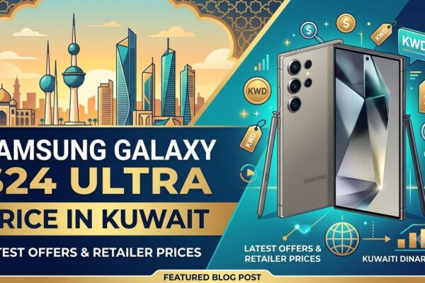 Samsung Galaxy S24 Ultra price in Kuwait banner featuring the smartphone, Kuwait skyline, KWD pricing icons, and latest offers with retailer prices.