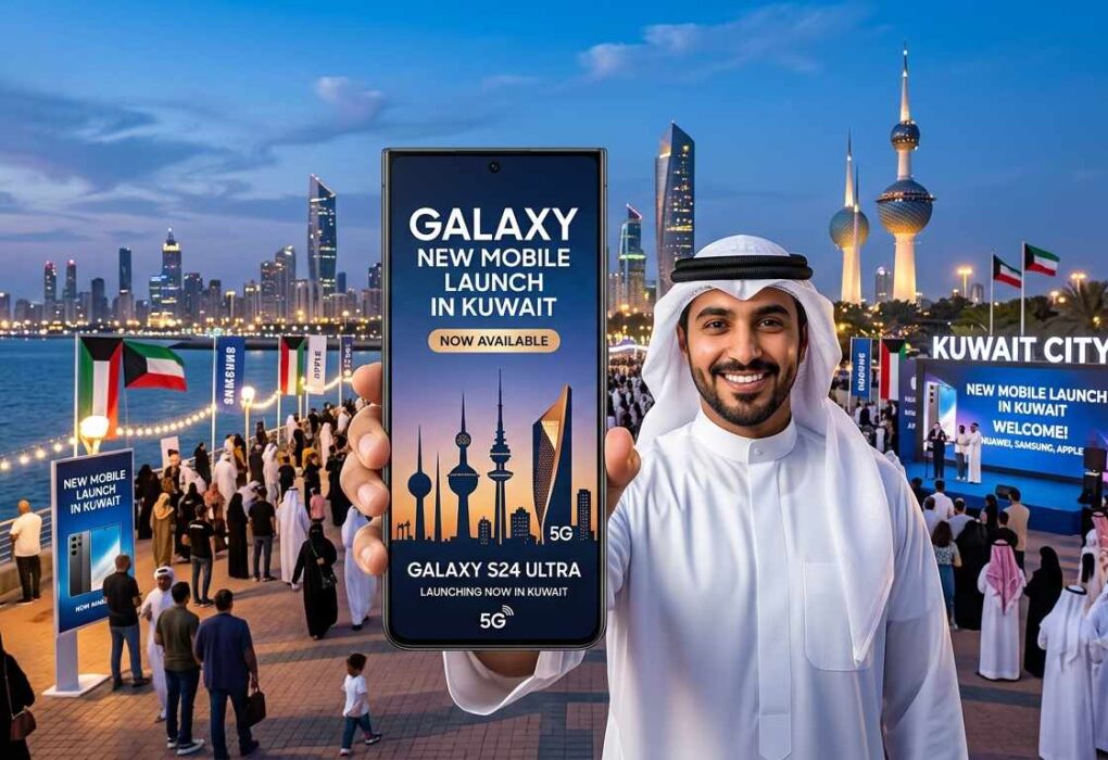 A smiling Arab man in traditional white attire holds a smartphone showcasing a 'New Mobile Launch in Kuwait' for the Galaxy S24 Ultra. The background features a crowded promenade in Kuwait City at dusk, decorated with Kuwaiti flags and a view of the illuminated city skyline