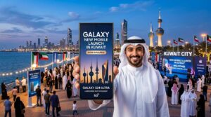 A smiling Arab man in traditional white attire holds a smartphone showcasing a 'New Mobile Launch in Kuwait' for the Galaxy S24 Ultra. The background features a crowded promenade in Kuwait City at dusk, decorated with Kuwaiti flags and a view of the illuminated city skyline