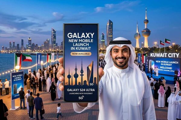 A smiling Arab man in traditional white attire holds a smartphone showcasing a 'New Mobile Launch in Kuwait' for the Galaxy S24 Ultra. The background features a crowded promenade in Kuwait City at dusk, decorated with Kuwaiti flags and a view of the illuminated city skyline