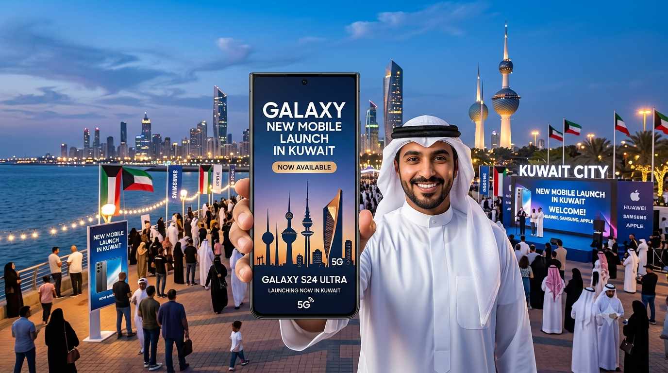 A smiling Arab man in traditional white attire holds a smartphone showcasing a 'New Mobile Launch in Kuwait' for the Galaxy S24 Ultra. The background features a crowded promenade in Kuwait City at dusk, decorated with Kuwaiti flags and a view of the illuminated city skyline