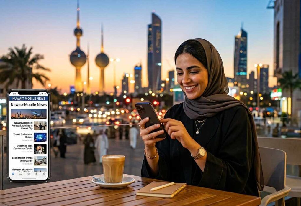 A smiling woman in a hijab uses her smartphone at an outdoor cafe with the Kuwait City skyline in the background, next to a screen displaying Mobile News in Kuwait