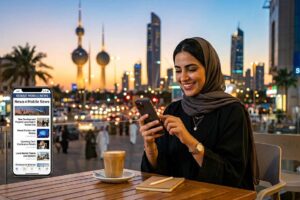 A smiling woman in a hijab uses her smartphone at an outdoor cafe with the Kuwait City skyline in the background, next to a screen displaying Mobile News in Kuwait