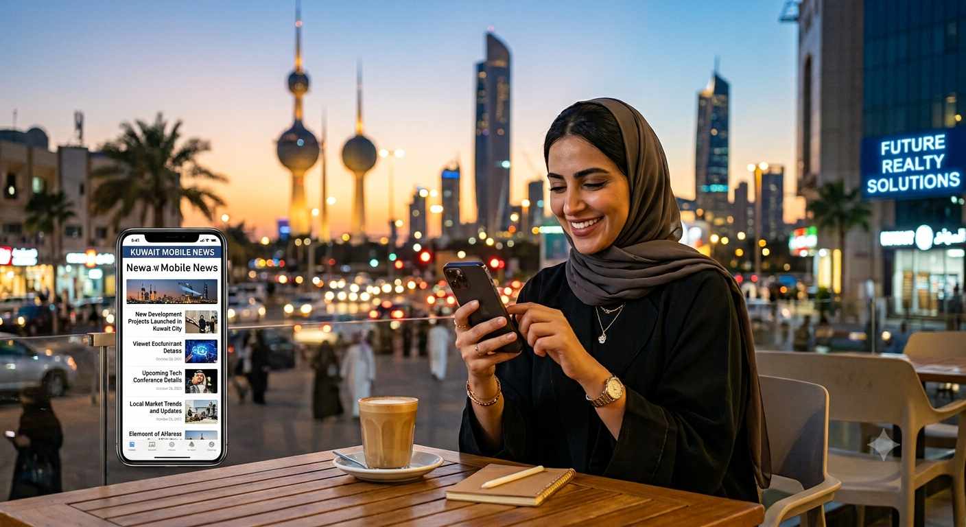 A smiling woman in a hijab uses her smartphone at an outdoor cafe with the Kuwait City skyline in the background, next to a screen displaying Mobile News in Kuwait