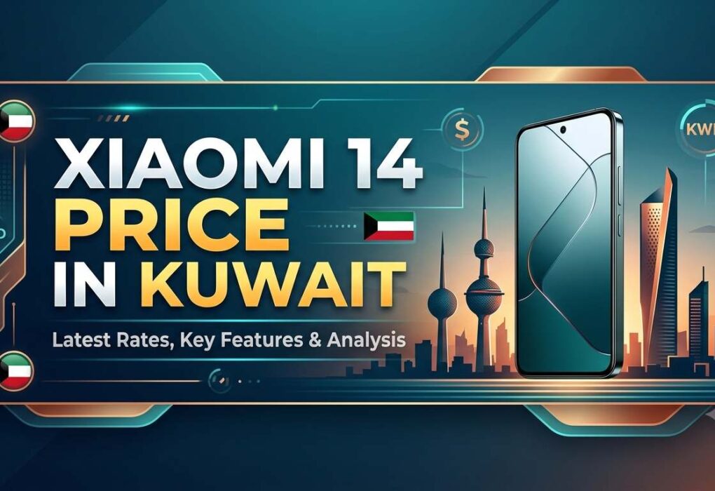 Xiaomi 14 Price in Kuwait banner featuring the smartphone, Kuwait skyline, KWD currency icons, and latest pricing with key features