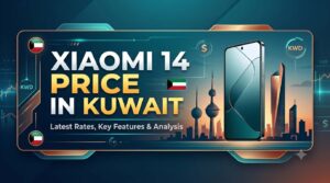 Xiaomi 14 Price in Kuwait banner featuring the smartphone, Kuwait skyline, KWD currency icons, and latest pricing with key features