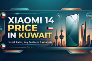 Xiaomi 14 Price in Kuwait banner featuring the smartphone, Kuwait skyline, KWD currency icons, and latest pricing with key features