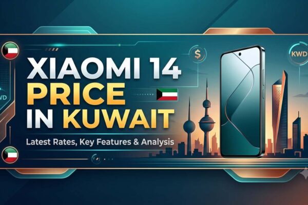 Xiaomi 14 Price in Kuwait banner featuring the smartphone, Kuwait skyline, KWD currency icons, and latest pricing with key features