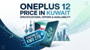 OnePlus 12 price in Kuwait promotional banner featuring the smartphone, Kuwait skyline, specifications, offers, availability, and a starting price of KWD 279