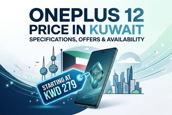 OnePlus 12 price in Kuwait promotional banner featuring the smartphone, Kuwait skyline, specifications, offers, availability, and a starting price of KWD 279