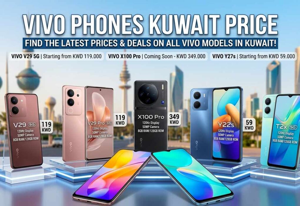 Promotional banner showcasing Vivo Phones Kuwait Price list with various models like Vivo V29 5G, X100 Pro, and Y22s displayed against the Kuwait skyline