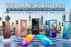 Promotional banner showcasing Vivo Phones Kuwait Price list with various models like Vivo V29 5G, X100 Pro, and Y22s displayed against the Kuwait skyline
