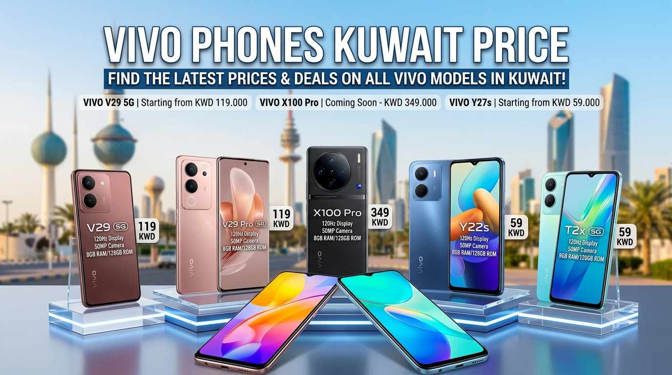Promotional banner showcasing Vivo Phones Kuwait Price list with various models like Vivo V29 5G, X100 Pro, and Y22s displayed against the Kuwait skyline