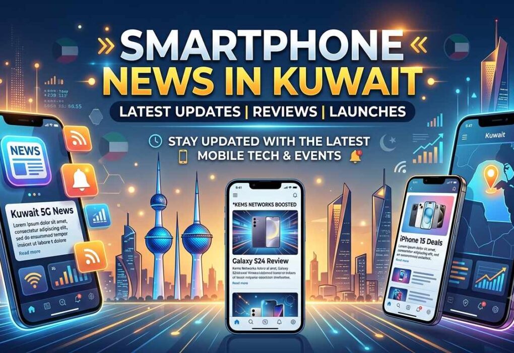 Smartphone News in Kuwait banner featuring modern smartphones displaying tech updates, reviews, and 5G news against the Kuwait city skyline