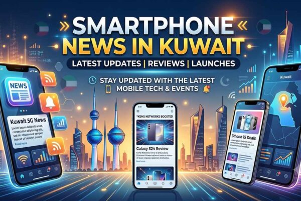Smartphone News in Kuwait banner featuring modern smartphones displaying tech updates, reviews, and 5G news against the Kuwait city skyline