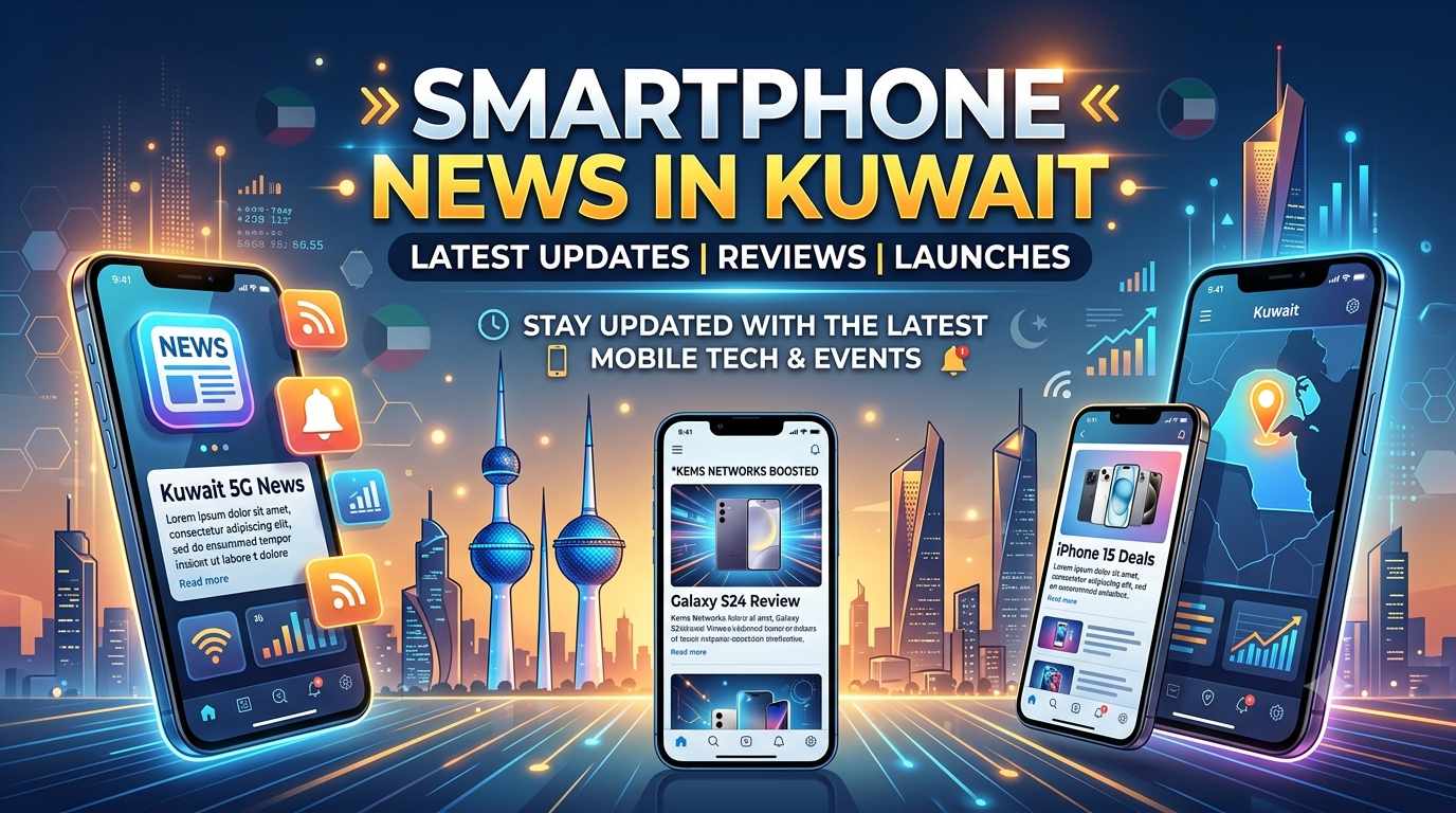 Smartphone News in Kuwait banner featuring modern smartphones displaying tech updates, reviews, and 5G news against the Kuwait city skyline