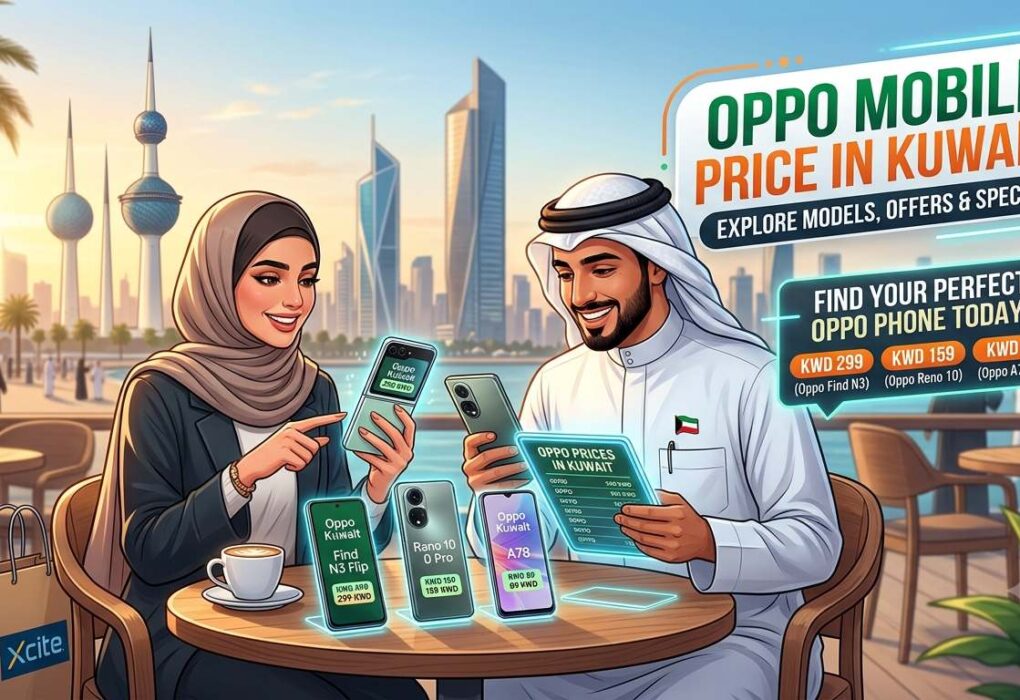 Oppo mobile price in Kuwait – illustration of shoppers comparing Oppo smartphones, prices, and specifications against the Kuwait skyline.