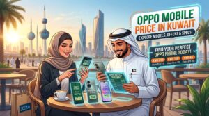 Oppo mobile price in Kuwait – illustration of shoppers comparing Oppo smartphones, prices, and specifications against the Kuwait skyline.