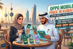 Oppo mobile price in Kuwait – illustration of shoppers comparing Oppo smartphones, prices, and specifications against the Kuwait skyline.