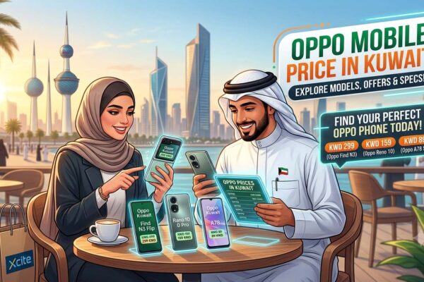 Oppo mobile price in Kuwait – illustration of shoppers comparing Oppo smartphones, prices, and specifications against the Kuwait skyline.