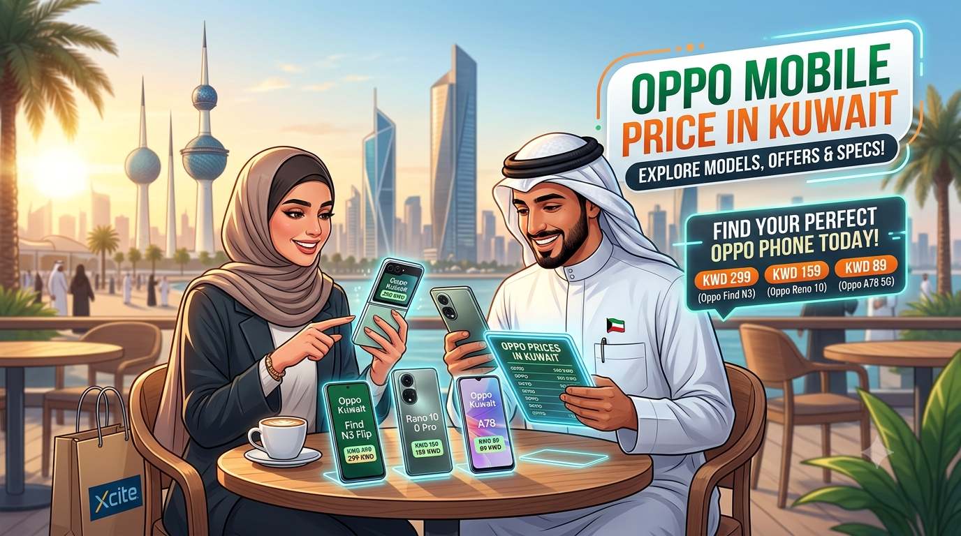 Oppo mobile price in Kuwait – illustration of shoppers comparing Oppo smartphones, prices, and specifications against the Kuwait skyline.