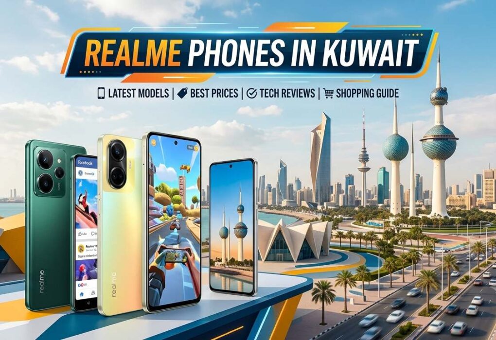 Realme phones in Kuwait featuring the latest Realme smartphones with the Kuwait skyline, highlighting top models, best prices, and shopping guide