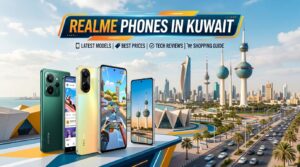 Realme phones in Kuwait featuring the latest Realme smartphones with the Kuwait skyline, highlighting top models, best prices, and shopping guide