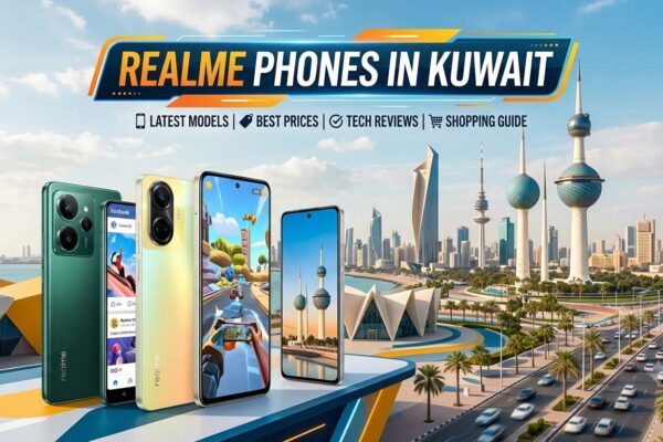 Realme phones in Kuwait featuring the latest Realme smartphones with the Kuwait skyline, highlighting top models, best prices, and shopping guide