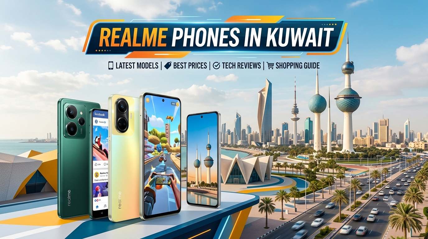 Realme phones in Kuwait featuring the latest Realme smartphones with the Kuwait skyline, highlighting top models, best prices, and shopping guide