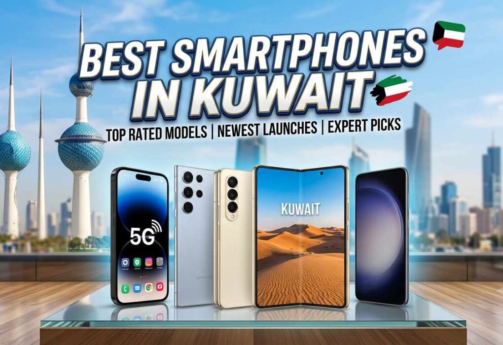 A promotional banner featuring the best smartphones in Kuwait displayed on a glass table, with the Kuwait City skyline and Kuwait Towers in the background