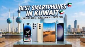 A promotional banner featuring the best smartphones in Kuwait displayed on a glass table, with the Kuwait City skyline and Kuwait Towers in the background
