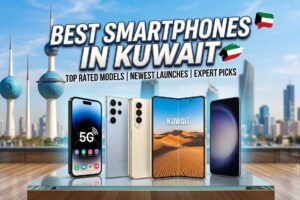 A promotional banner featuring the best smartphones in Kuwait displayed on a glass table, with the Kuwait City skyline and Kuwait Towers in the background