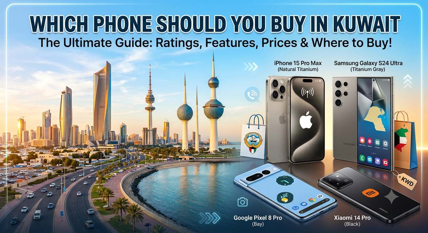 Which phone should you buy in Kuwait? Comparison banner featuring iPhone 15 Pro Max, Samsung Galaxy S24 Ultra, Google Pixel 8 Pro, and Xiaomi 14 Pro with the Kuwait skyline