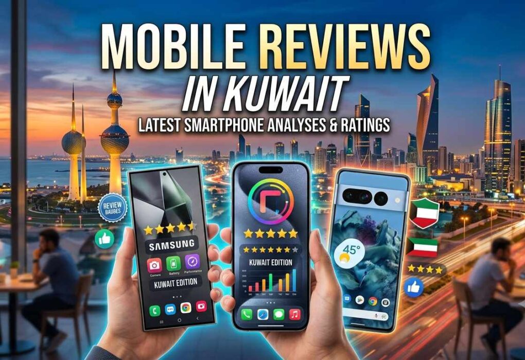 Hands holding modern smartphones showing ratings against the Kuwait City skyline background, featuring text Mobile Reviews in Kuwait - Latest Smartphone Analyses & Ratings