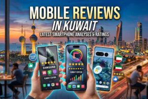 Hands holding modern smartphones showing ratings against the Kuwait City skyline background, featuring text Mobile Reviews in Kuwait - Latest Smartphone Analyses & Ratings