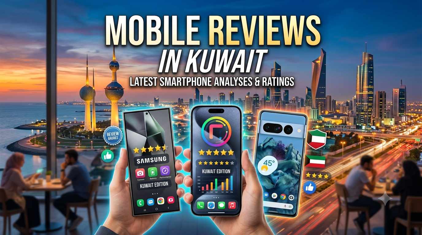 Hands holding modern smartphones showing ratings against the Kuwait City skyline background, featuring text Mobile Reviews in Kuwait - Latest Smartphone Analyses & Ratings
