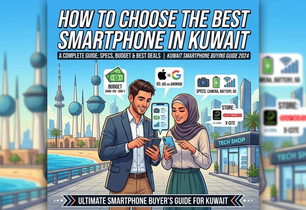 How to Choose Smartphone in Kuwait – Illustrated smartphone buying guide featuring a couple comparing phones, budget tips, camera, battery, 5G features, and Kuwait tech stores.